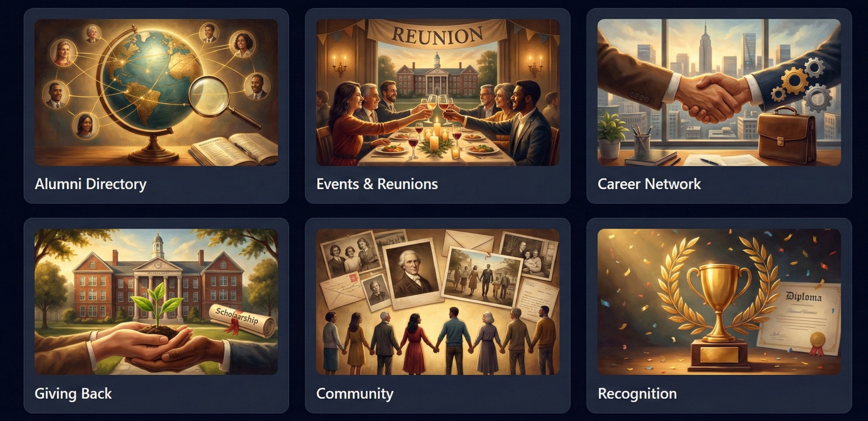 Platform Features - Alumni Directory, Events & Reunions, Career Network, Giving Back, Community, and Recognition